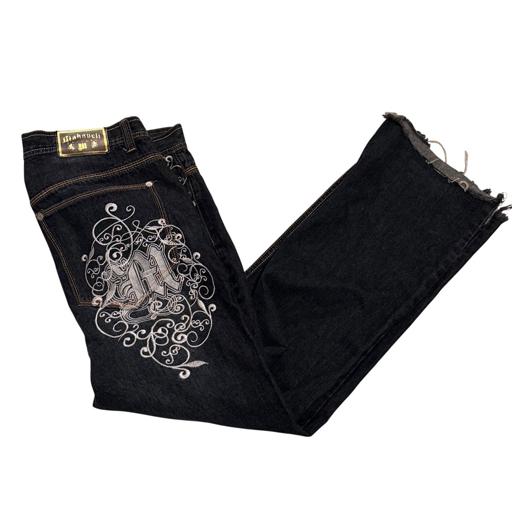 Y2K Makaveli Branded Hip-Hop Mens Embroidered Denim Jeans Eagle Dark Wash Sz 40 - Picture 2 of 7